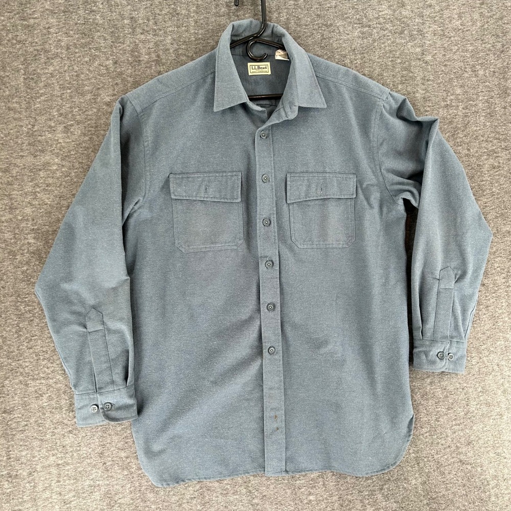 LL Bean Mens Chamois Shirt Blue Gray Cotton Flannel Long Sleeve LG REG 0MT03